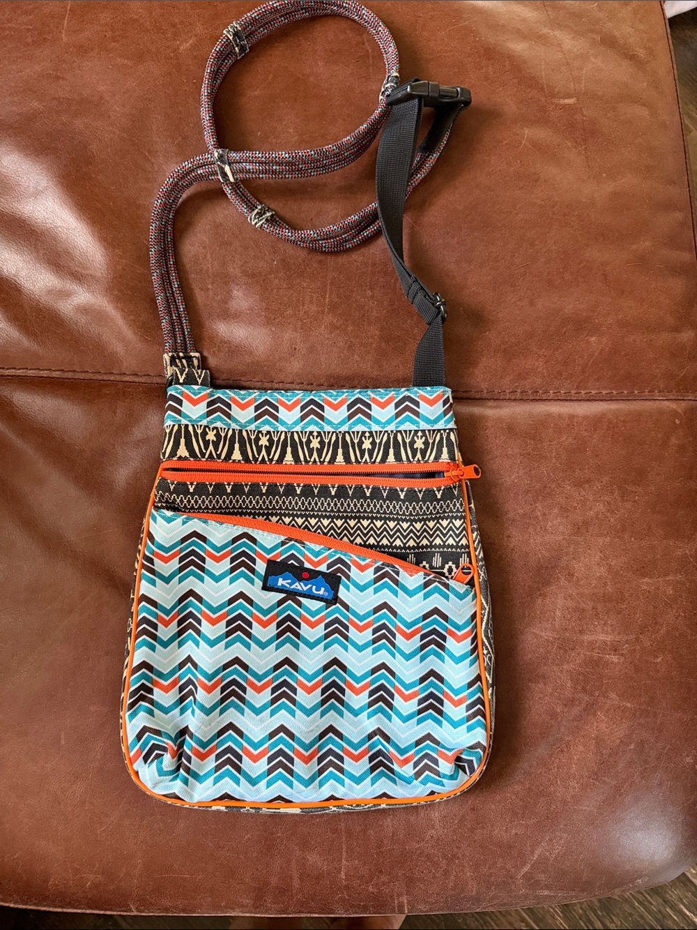 Kavu Chevron Crossbody Bag in Teal, Orange, Black